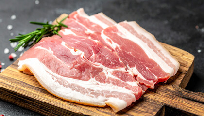 Gourmet raw bacon slices on wooden board. Natural and tasty product. Fresh meat.