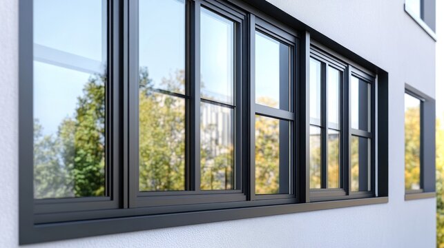 Modern black window frames on a light gray building