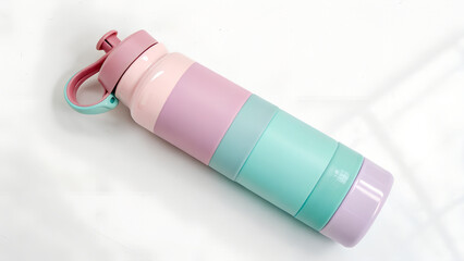 Water bottle in pastel colours. White or transparent background. Isolated. .Bottle for school and sports.Back to sports activities. Back to school.