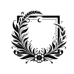 Elegant Floral Wreath with Square Frame, Black & White Vector