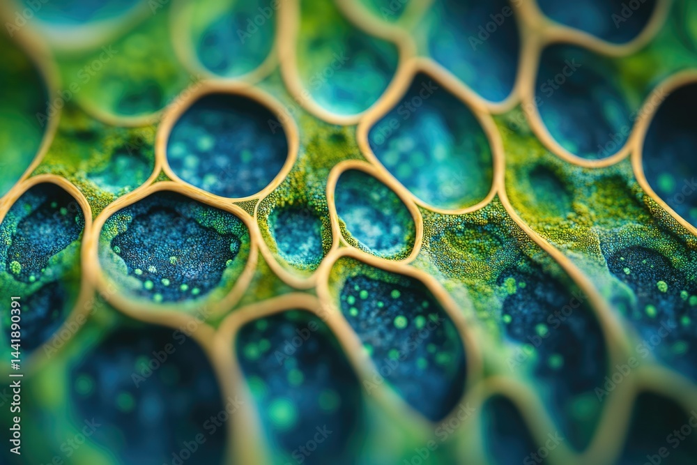 Poster Microscopic view of vibrant, interconnected cells with teal and green hues, resembling a complex biological network.