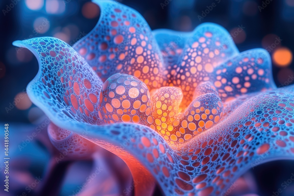 Poster abstract fractal art depicting a glowing, bubble-like organic structure resembling a flower.