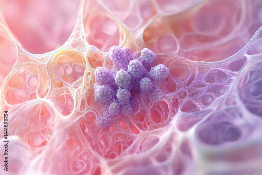 Leinwandbilder microscopic view of a cluster of cells within a complex network of fibers, possibly depicting a biol