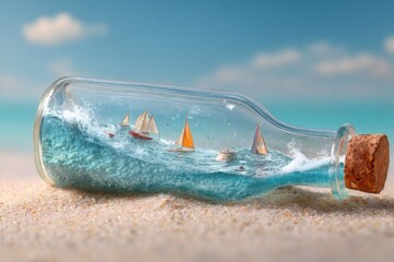 A huge transparent glass bottle lying on a sandy beach with miniature ocean waves and sailboats trapped inside, concept of summer dreams