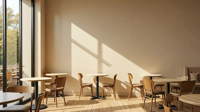 Warm beige wall mockup in cozy modern caf&eacute; with wooden floor and small round tables and chairs with empty copy space