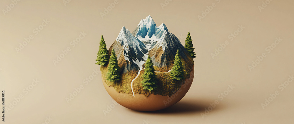 Poster miniature snow-capped mountains, evergreen trees, and winding path nestled within a spherical landsc