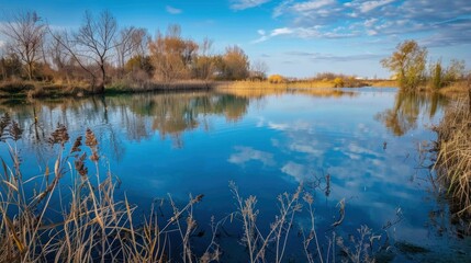 Fototapeta premium Still blue water reflecting sky. stock photo --ar 16:9 --raw --v 6 Job ID: 2a2f8bee-1746-4828-96e8-c15817628155