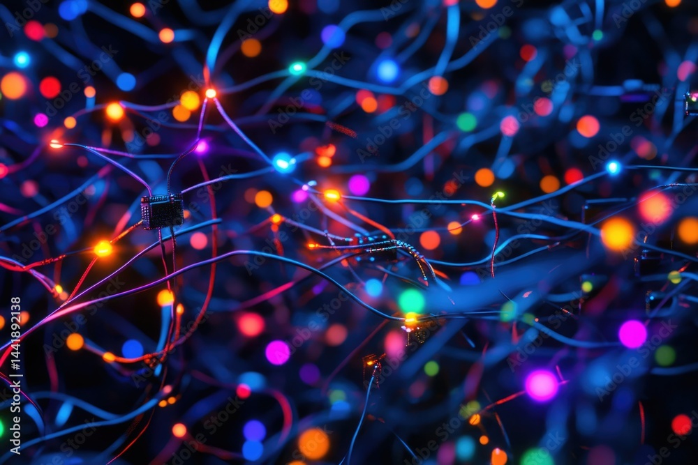 Poster A vibrant network of interconnected nodes and glowing lights, symbolizing technology and neural connections.