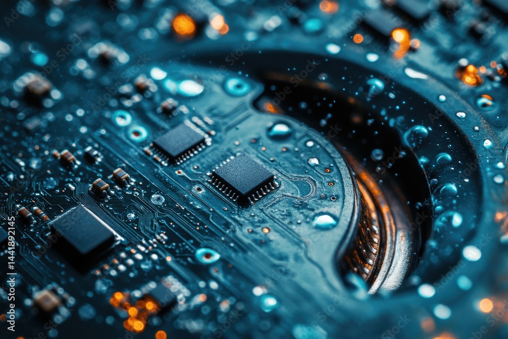 Poster close-up of a circuit board with integrated circuits and water droplets, showcasing intricate techno