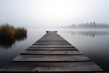 Obraz premium Misty lake dock extending into tranquil morning light.