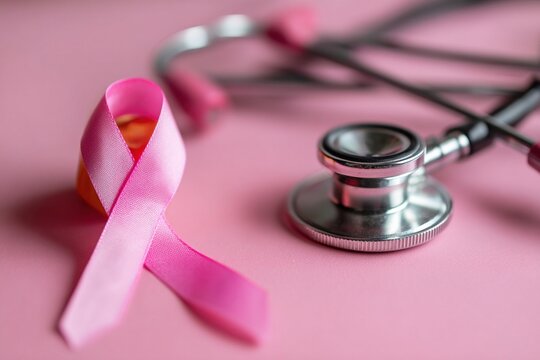 Pink ribbon and stethoscope on pink background, Symbol of breast cancer in women, Health care concept