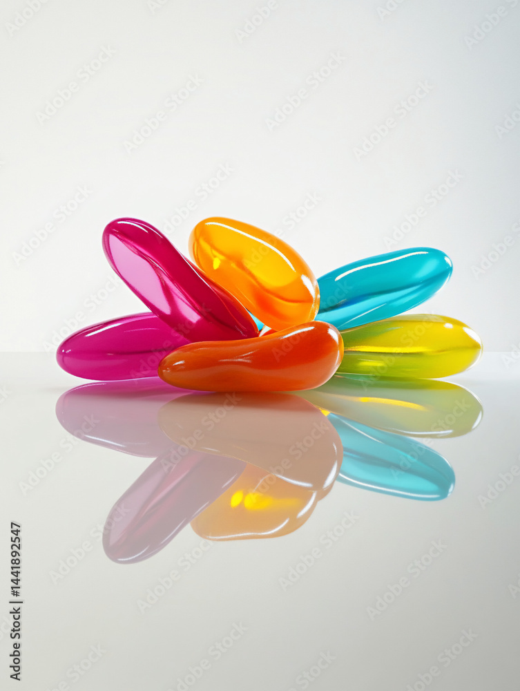 Aufkleber colorful glossy pebbles arranged in a flower-like pattern on a reflective surface.
