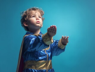 Young boy in superhero costume, trying to do a one-hand clap seriously, isolated electric blue background