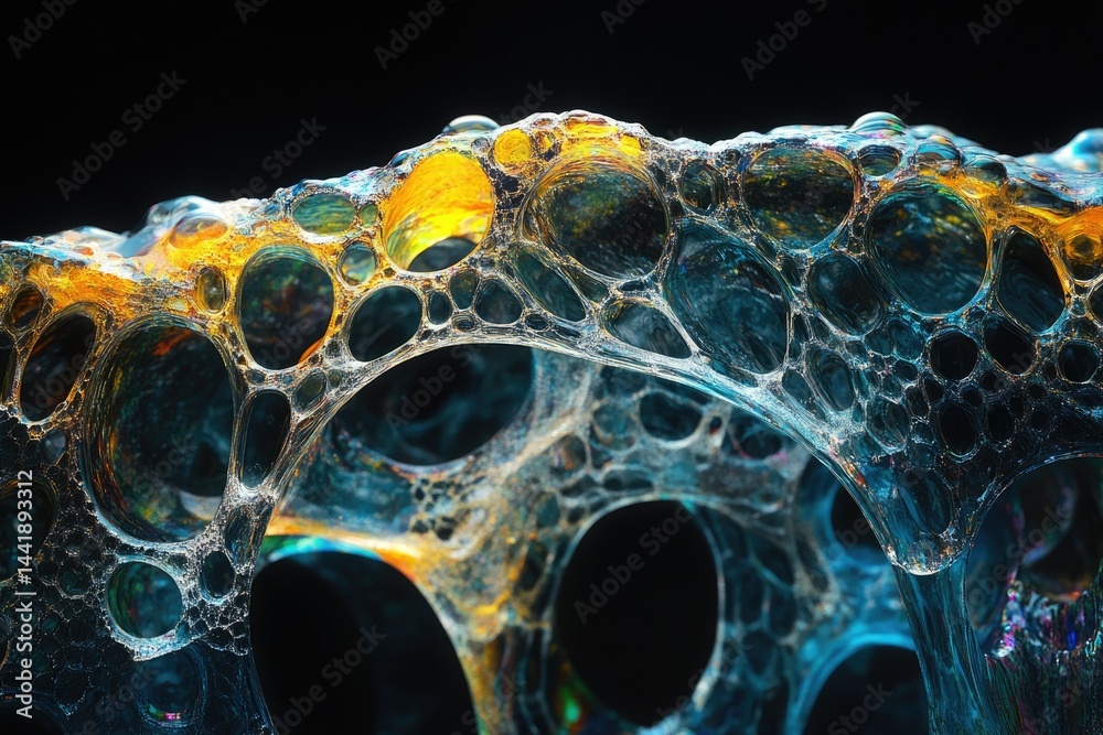 Poster intricate network of iridescent soap bubbles, a mesmerizing abstract close-up.