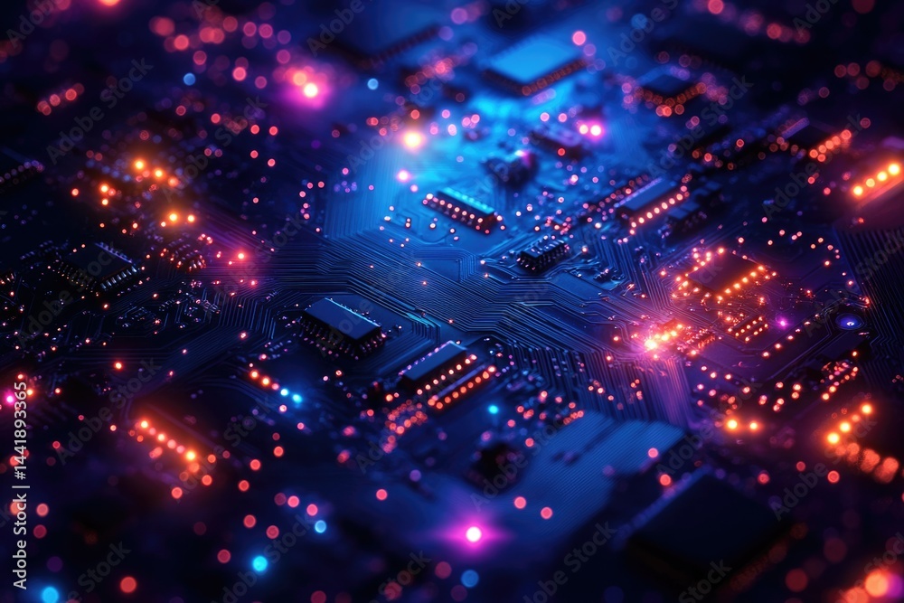 Poster Close-up of illuminated circuit board showcasing intricate electronic components and glowing pathways.