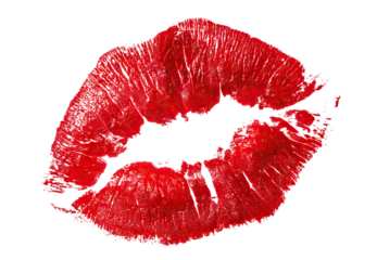 Red lipstick kiss imprint on white background, isolated on transparent cutout background