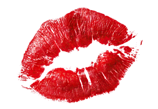 Red lipstick kiss imprint on white background, isolated on transparent cutout background