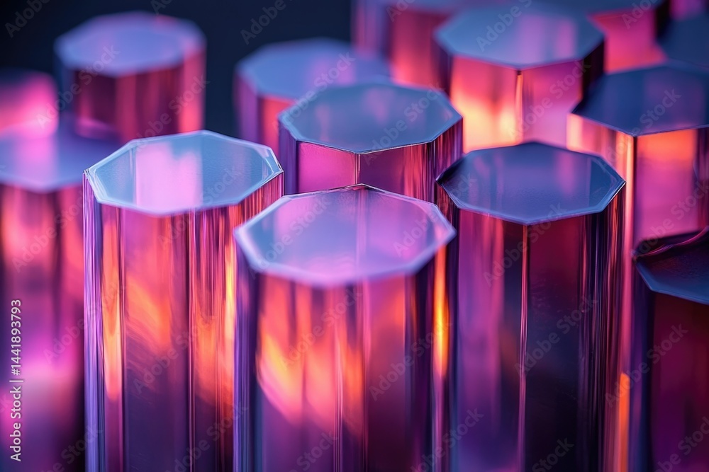 Poster close-up of octagonal glass prisms with vibrant purple and orange hues, creating an abstract, geomet