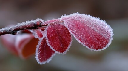 Frosted red leaves on a branch.  Close-up view of delicate, crimson leaves encrusted with a fine layer of frost.  A branch of small, vibrant leaves displays beautiful winter details