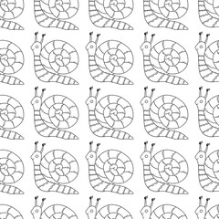 Seamless pattern. Cute snail, clam with striped shell. Black and white vector illustration hand drawn doodle. White background. Print for wrapping, fabric or paper