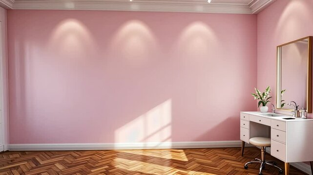 Soft pastel pink wall mockup in stylish beauty salon with wooden herringbone floor with empty copy space