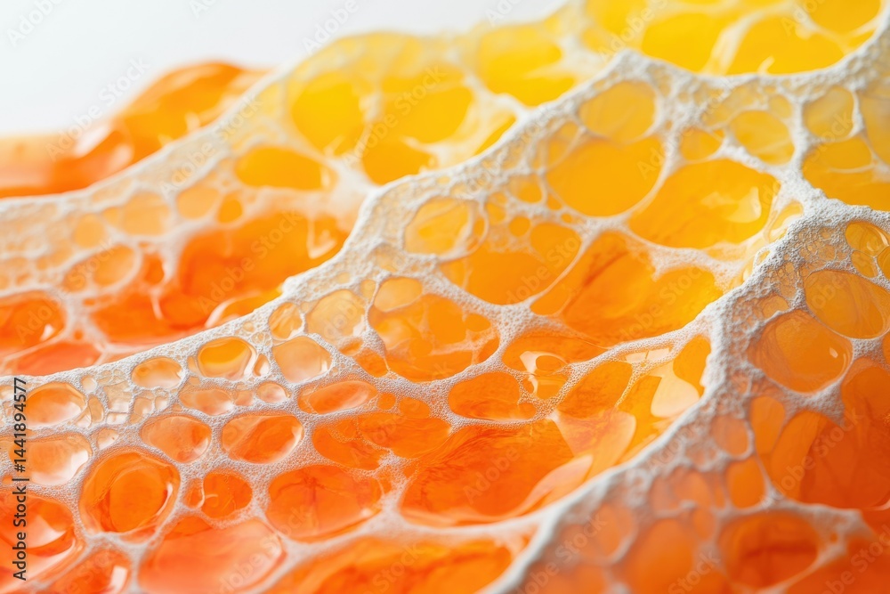 Poster close-up of orange liquid with white foam, creating a textured, bubbly surface.