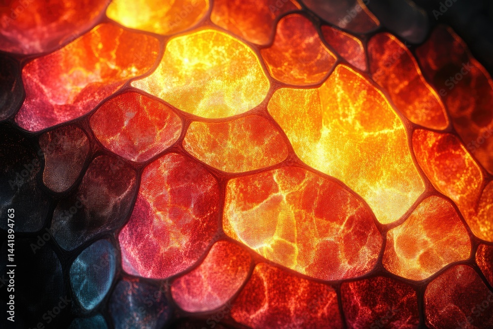 Aufkleber Abstract image depicting a fiery, textured surface with a honeycomb-like structure, glowing with intense orange and red hues.