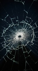 Fototapeta premium Cracks radiate from a central point on a shattered dark glass surface. Broken screen background for abstract concept and design element.