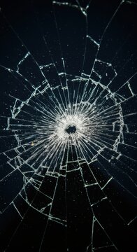 Cracks radiate from a central point on a shattered dark glass surface. Broken screen background for abstract concept and design element.