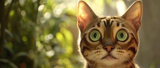 Cat with striking green eyes looking curiously at the camera surrounded by greenery, perfect for pet lovers and animal photography enthusiasts.