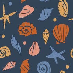 Flat vector ink seashells seamless pattern