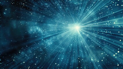 A breathtaking display of dynamic light beams diverging in dark space, creating a mesmerizing cosmic scene filled with glowing particles and ethereal beauty.