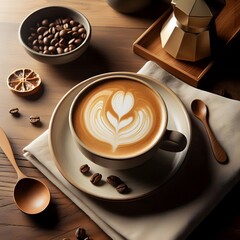 Latte Art Coffee Cup on Wooden Table