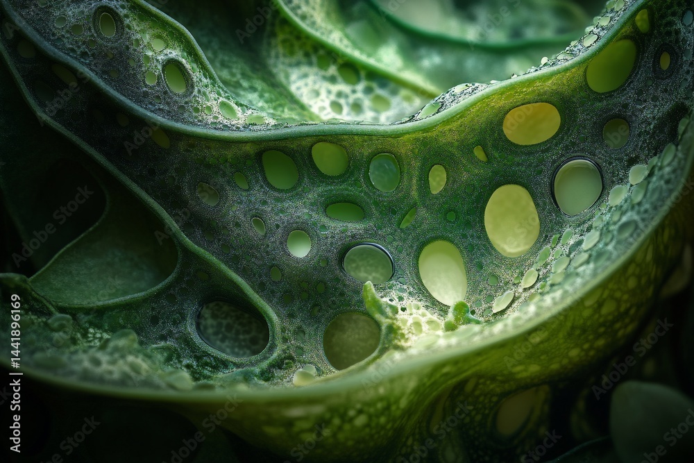 Poster close-up of a unique green leaf with a porous, textured surface, showing intricate detail and natura