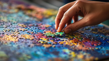 Close-up of a hand placing a puzzle piece as a form of therapeutic focus