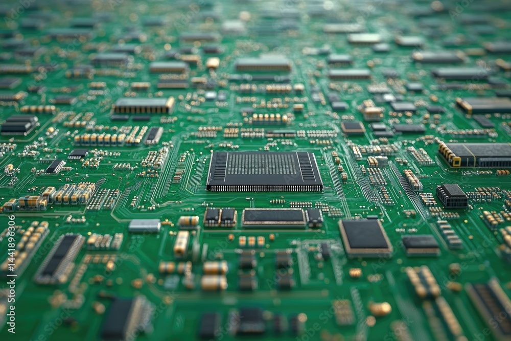 Aufkleber Close-up view of a complex computer circuit board with a central processor.