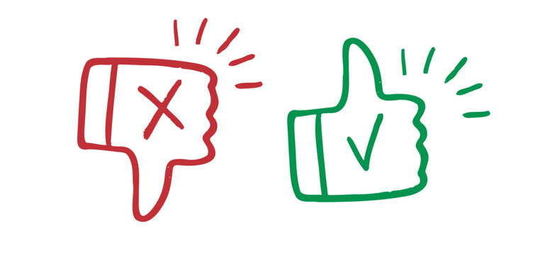 like and dislike hand drawn doodle icons. Thumbs up and thumbs down crayon chalk drawing vector