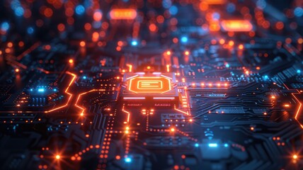 Abstract picture of chip on complex circuit with digital technology style design and the electric parts graphic show high tech system represent about processor algorithm process on computer. AIG53.