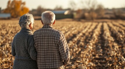 An elderly couple stands together, gazing at their barren fields devastated by drought. The dry soil and lifeless crops illustrate the harsh realities of climate impact on farming