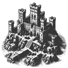 Fototapeta premium Stunning medieval castle ruin depiction highlighting intricate details, architectural weathering, and a captivating historical ambiance.