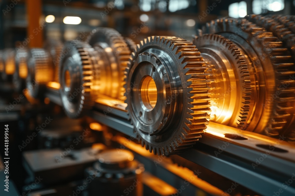 Poster close-up of industrial gears in a factory setting, showcasing intricate metalwork and precision engi