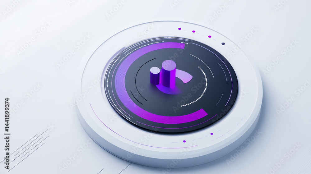 Aufkleber Abstract 3D data visualization; purple and white circular graphic with progress bar and columns.