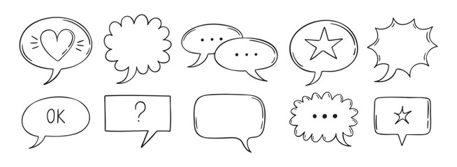 Outline comic speech bubbles set. Dialogue, doodle chat communication, discussion element. Message frame symbol drawing