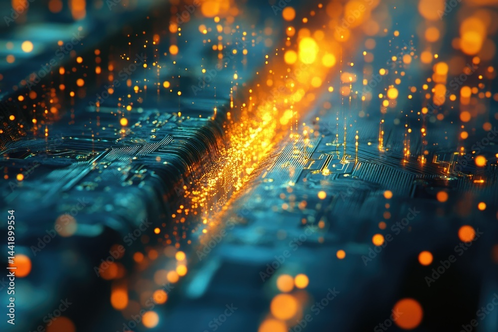 Fototapete Abstract digital artwork depicting a circuit board with glowing particles, symbolizing data flow and technological advancement.