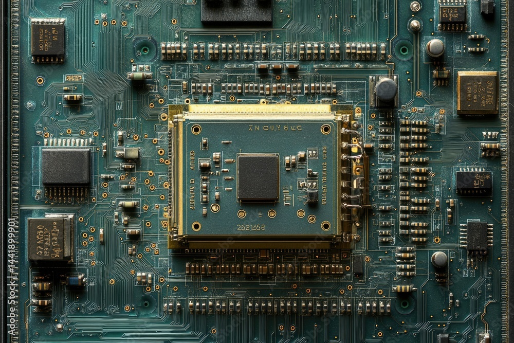 Aufkleber Close-up of a circuit board showcasing a central processing unit (CPU) and various integrated circuits.