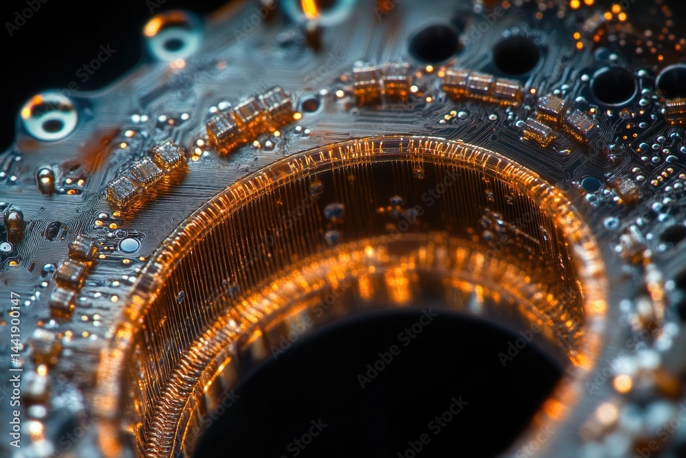 Poster Close-up of intricate circuit board components, showcasing complex electronic circuitry and golden connectors.