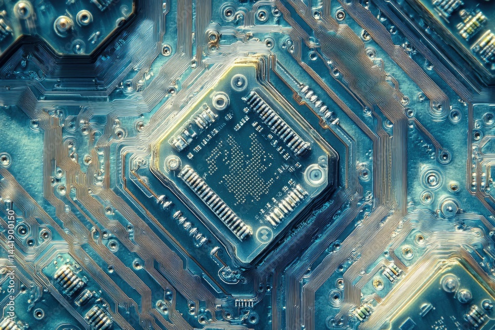 Poster Close-up of a circuit board showcasing intricate circuitry and a central microchip.
