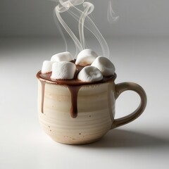 Delicious hot chocolate with marshmallows and steam rising.