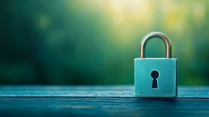 Closeup of antique padlock on rustic wooden table, security and protection symbolism
