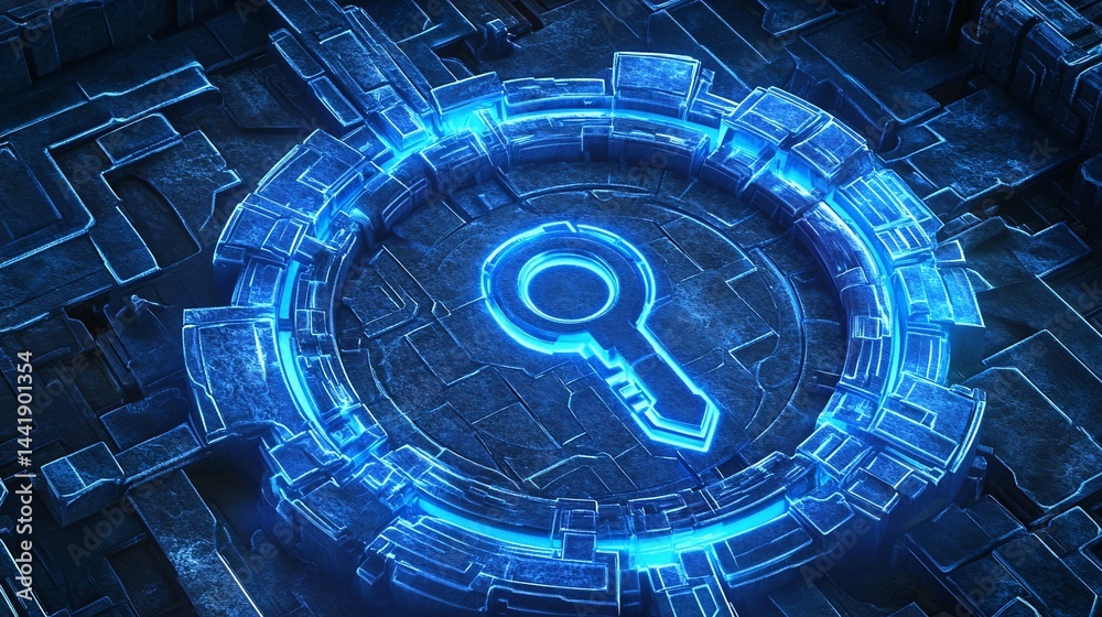 Poster futuristic key icon glowing in a digital circuit board.